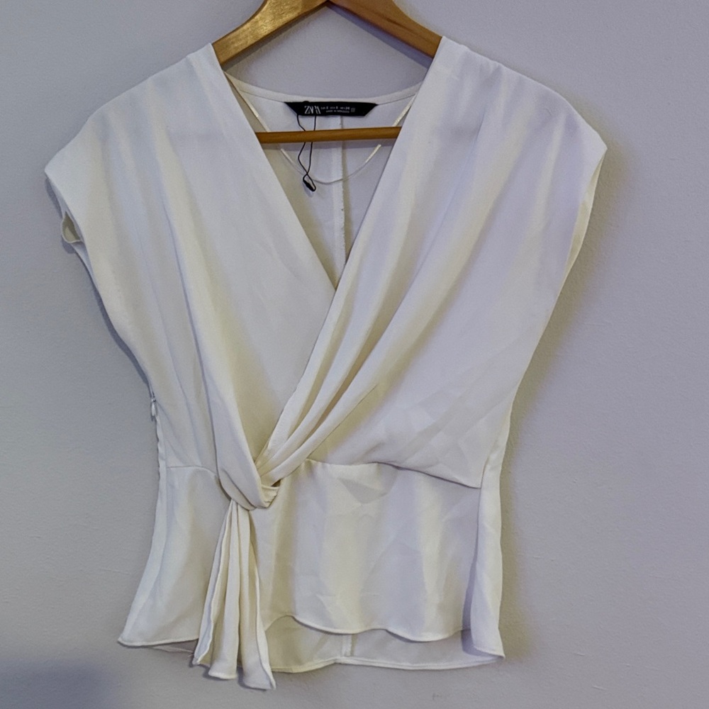 Zara White Draped Knot-Front Blouse